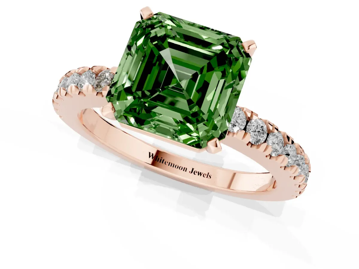 Fancy Green Asscher Cut Solitaire Diamond with Pavé Band and Four-Prong Setting Rose gold