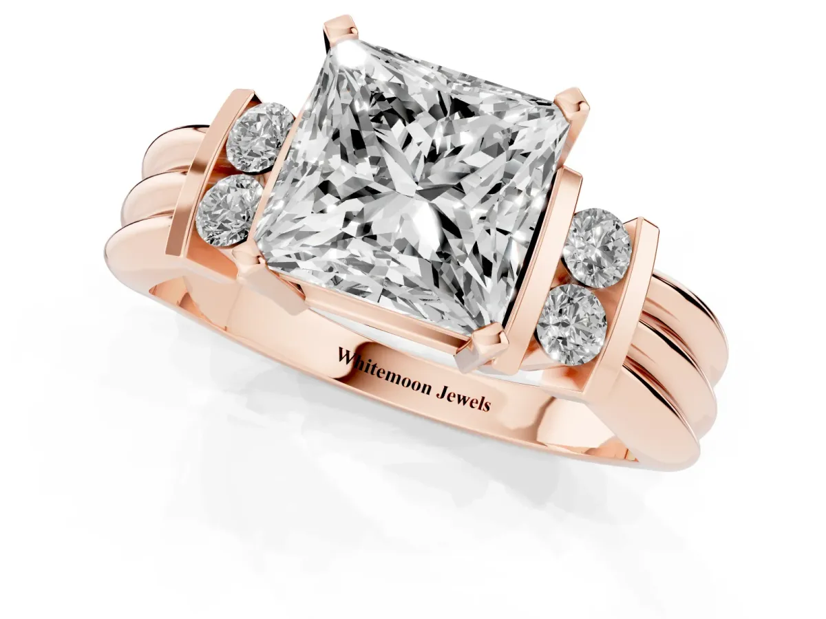 Princess Cut Cut Three-Stone Channel Set Ring with Bar Prongs Rose gold