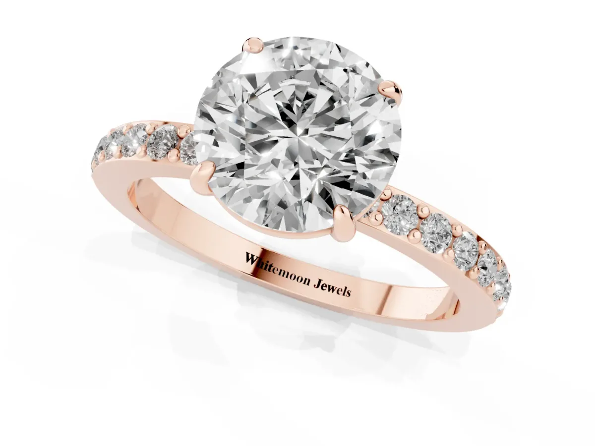 Round Cut Diamond Pavé Engagement Ring with Round Accents and Prong Setting Rose gold