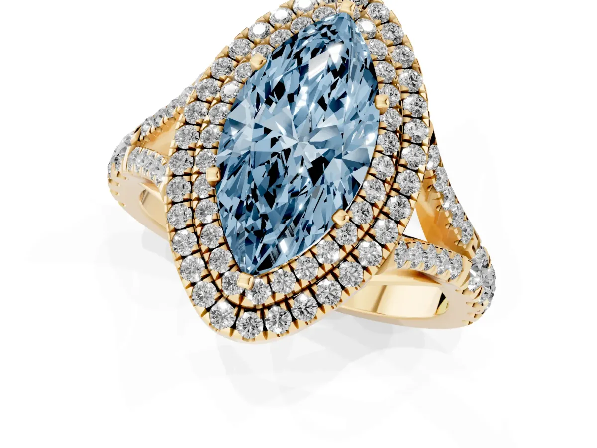Fancy Blue Double Halo Marquise Cut Diamond Split Shank Engagement Ring with Four-Prong Setting Yellow gold