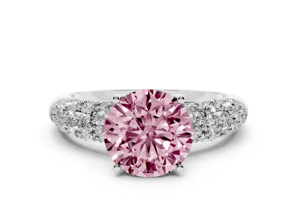 Fancy Pink Round Cut Diamond Pavé Band Solitaire Ring with Four-Prong Setting Silver