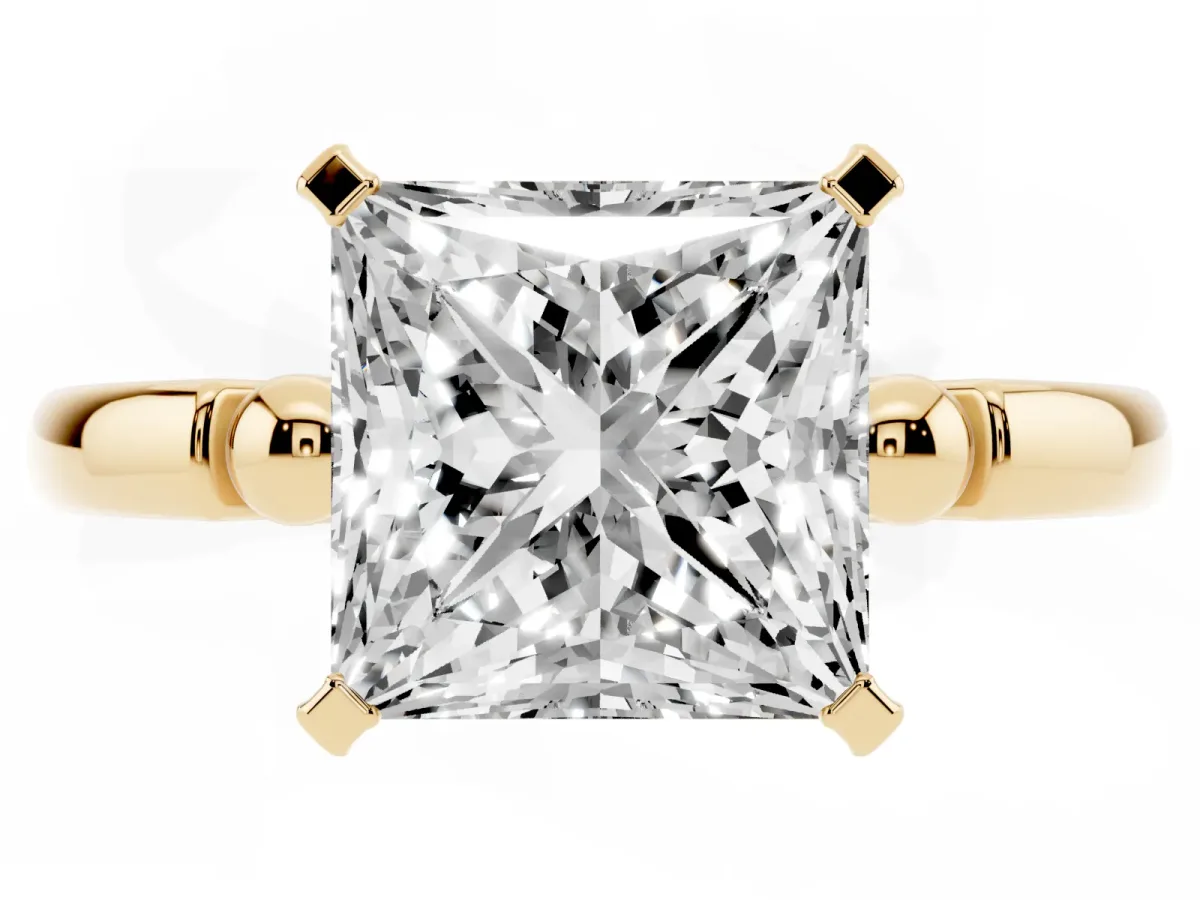 Princess Cut Solitaire Beaded Band with Four-Prong Setting Yellow gold