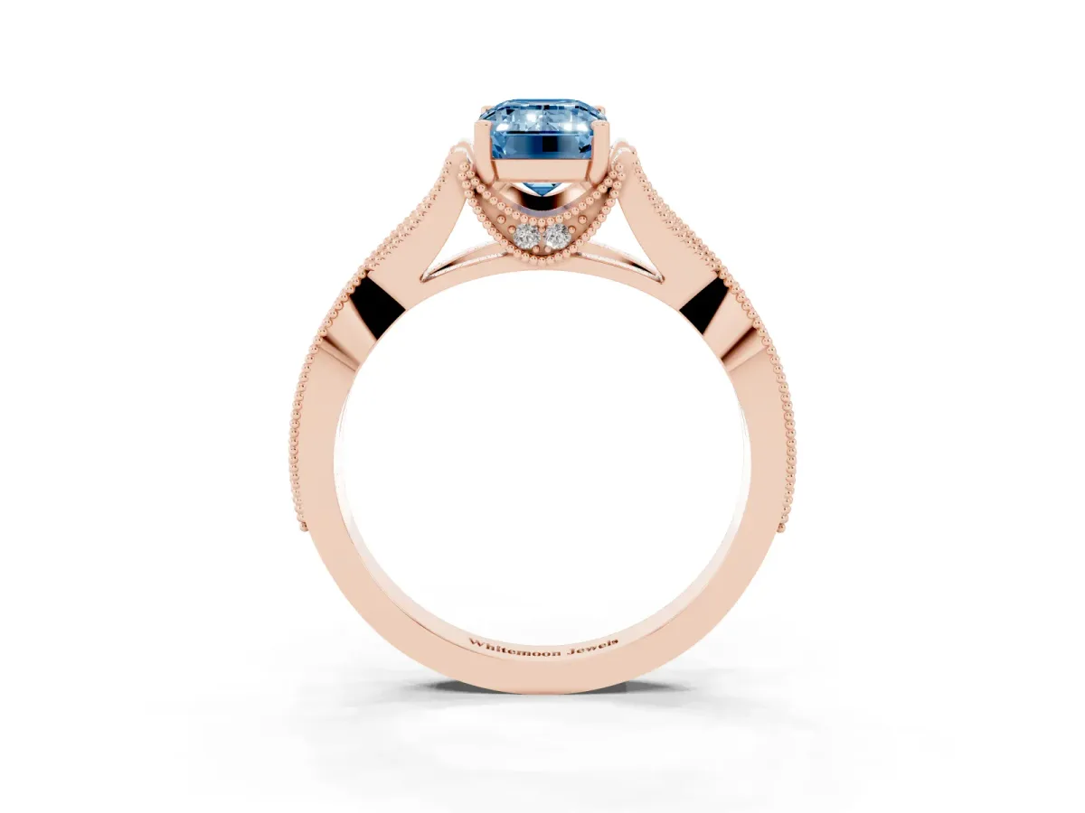 Fancy Blue Emerald Cut Cut Diamond Twisted Band with Milgrain Pave Setting and Four-Prong Setting Rose gold