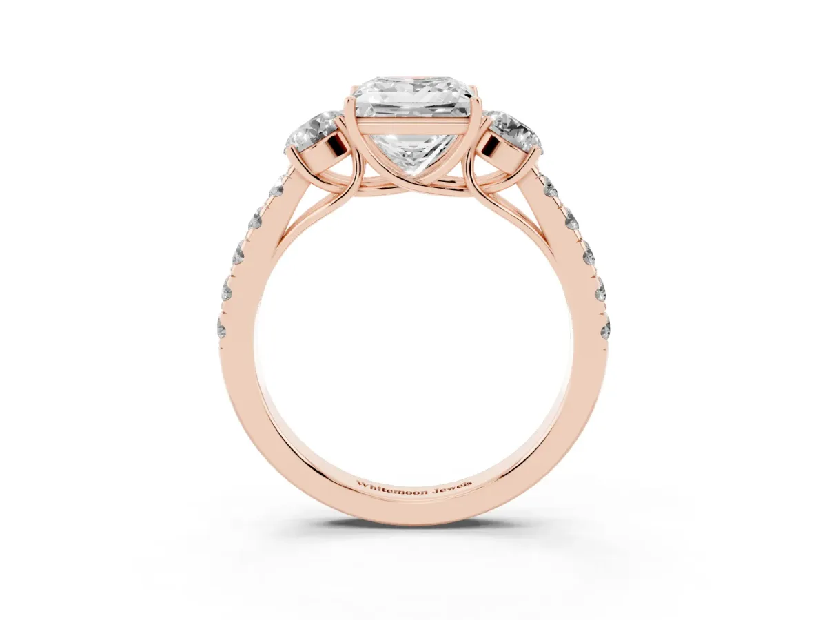 Princess Cut Cut Diamond Three-Stone Ring with Round Side Stones and Pavé Band Rose gold