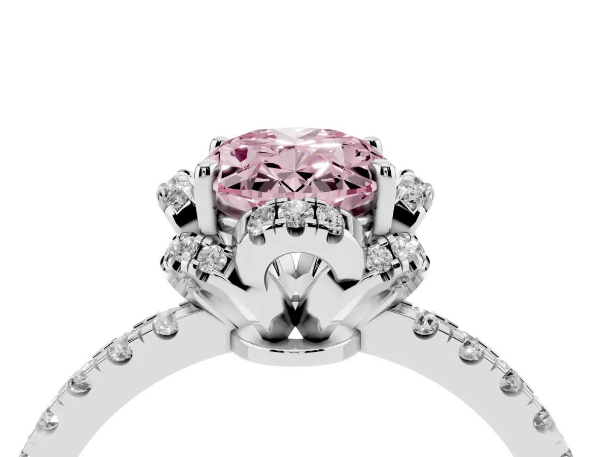 Fancy Pink Oval Cut Halo Diamond Pave Band Ring with Four-Prong Setting Silver