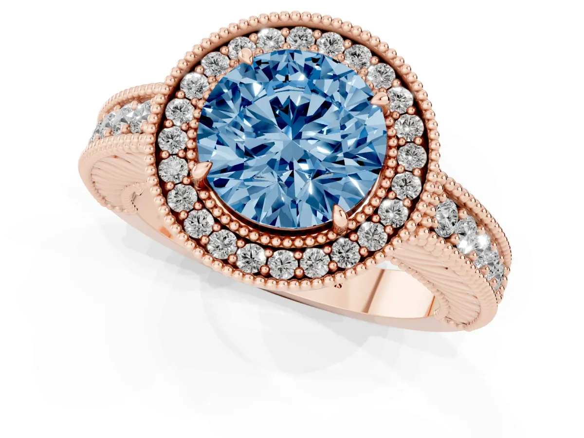 Fancy Blue Round Cut Cut Halo Diamond Ring with Pavé Band and Four-Prong Setting Rose gold