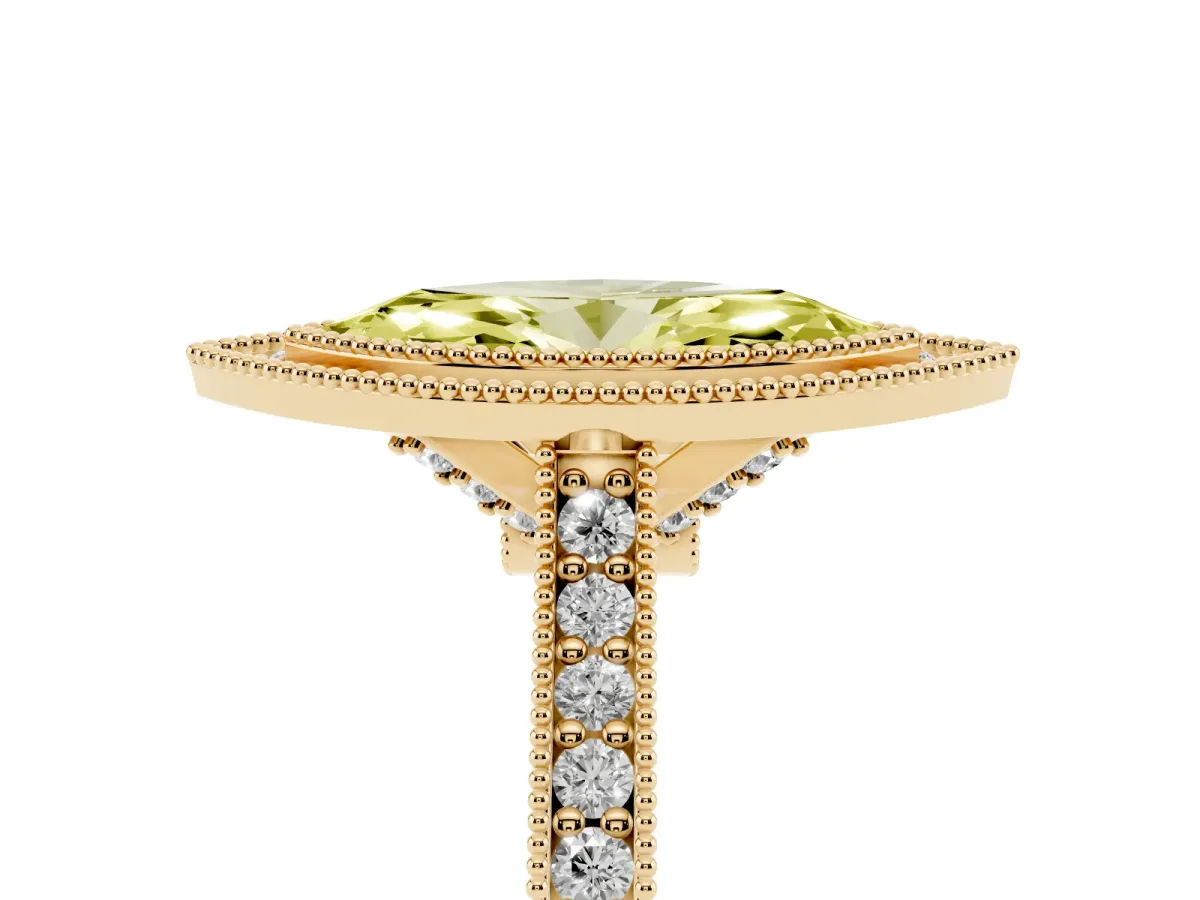 Fancy Yellow Halo Marquise Cut-Cut Diamond Pave Band Milgrain Prong Setting Ring Yellow gold