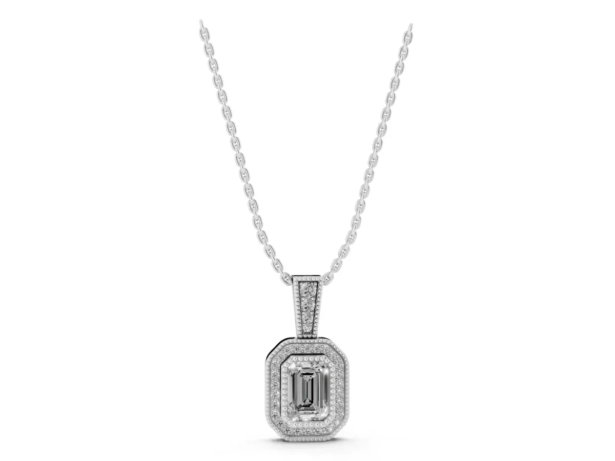 Emerald Cut Halo Diamond Pendant with Pavé Setting White gold