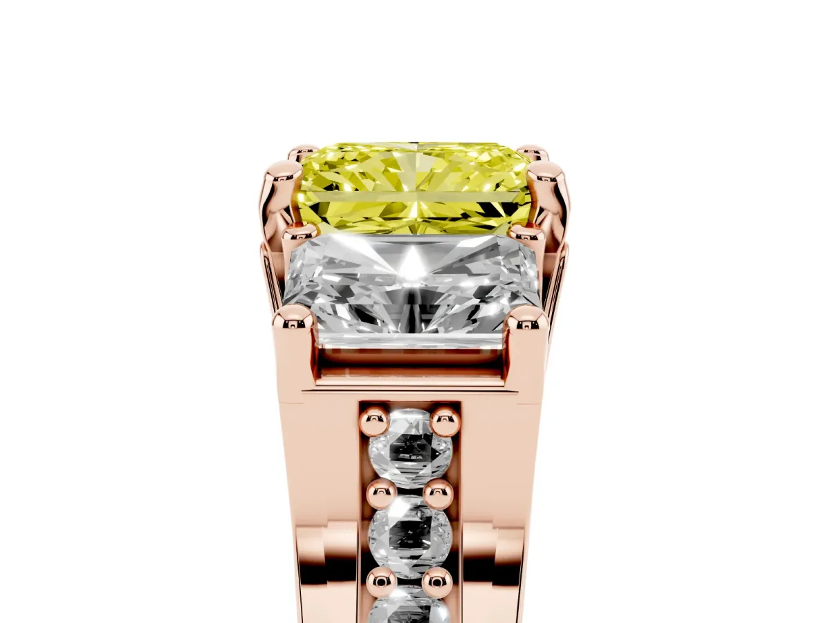 Fancy Yellow Radiant Cut Diamond Three-Stone Ring with Channel Set Band and Four-Prong Setting Rose gold