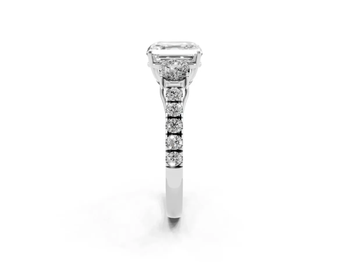 Asscher Cut Cut Diamond Three-Stone Ring with Round Side Stones and Pavé Band White gold