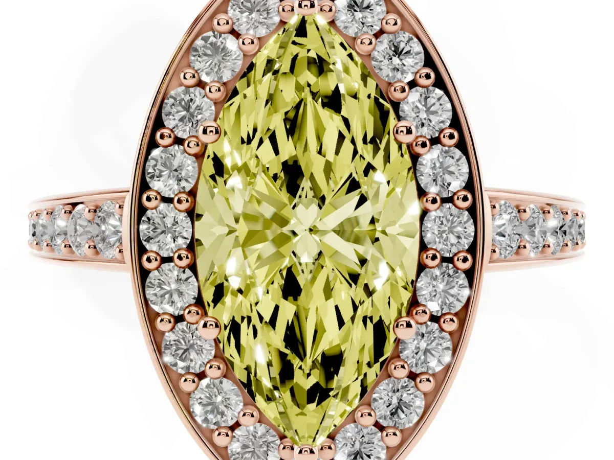 Fancy Yellow Marquise Cut Halo Pavé Diamond Engagement Ring with Bezel Setting Rose gold
