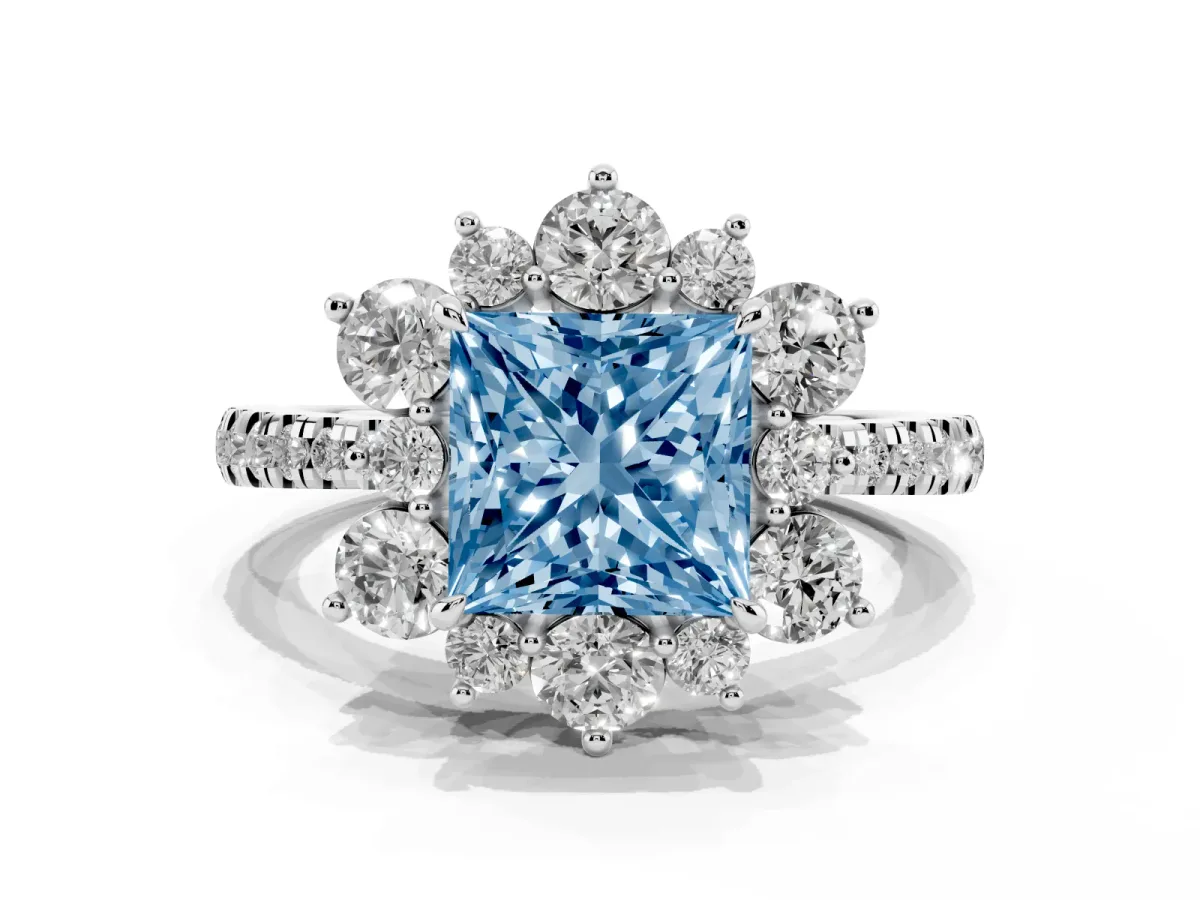 Fancy Blue Princess Cut Diamond Floral Halo Ring with Round Pavé Band and Prong Setting White gold