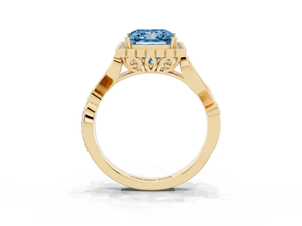 Fancy Blue Princess Cut Diamond Halo Ring with Vintage Split Shank and Four-Prong Setting Yellow gold