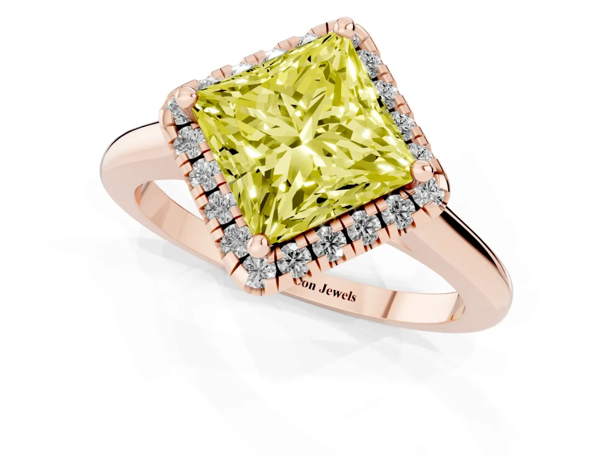 Fancy Yellow Princess Cut Halo Round Diamond Solitaire Engagement Ring with Pave Band and Four-Prong Setting Rose gold