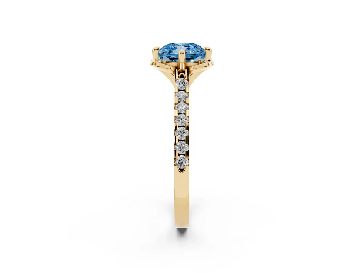 Fancy Blue Cushion Cut Diamond Ring with Pavé Band and Floral Prong Setting Yellow gold