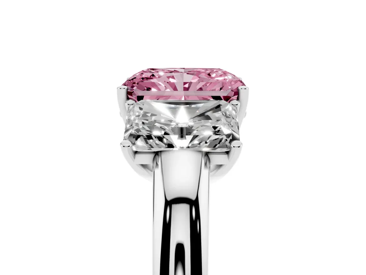 Fancy Pink Radiant Cut Diamond Three-Stone Ring with Four-Prong Setting and Classic Band Silver