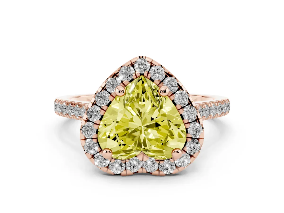 Fancy Yellow Heart Cut Diamond Cushion Halo Ring with Pavé Band Rose gold
