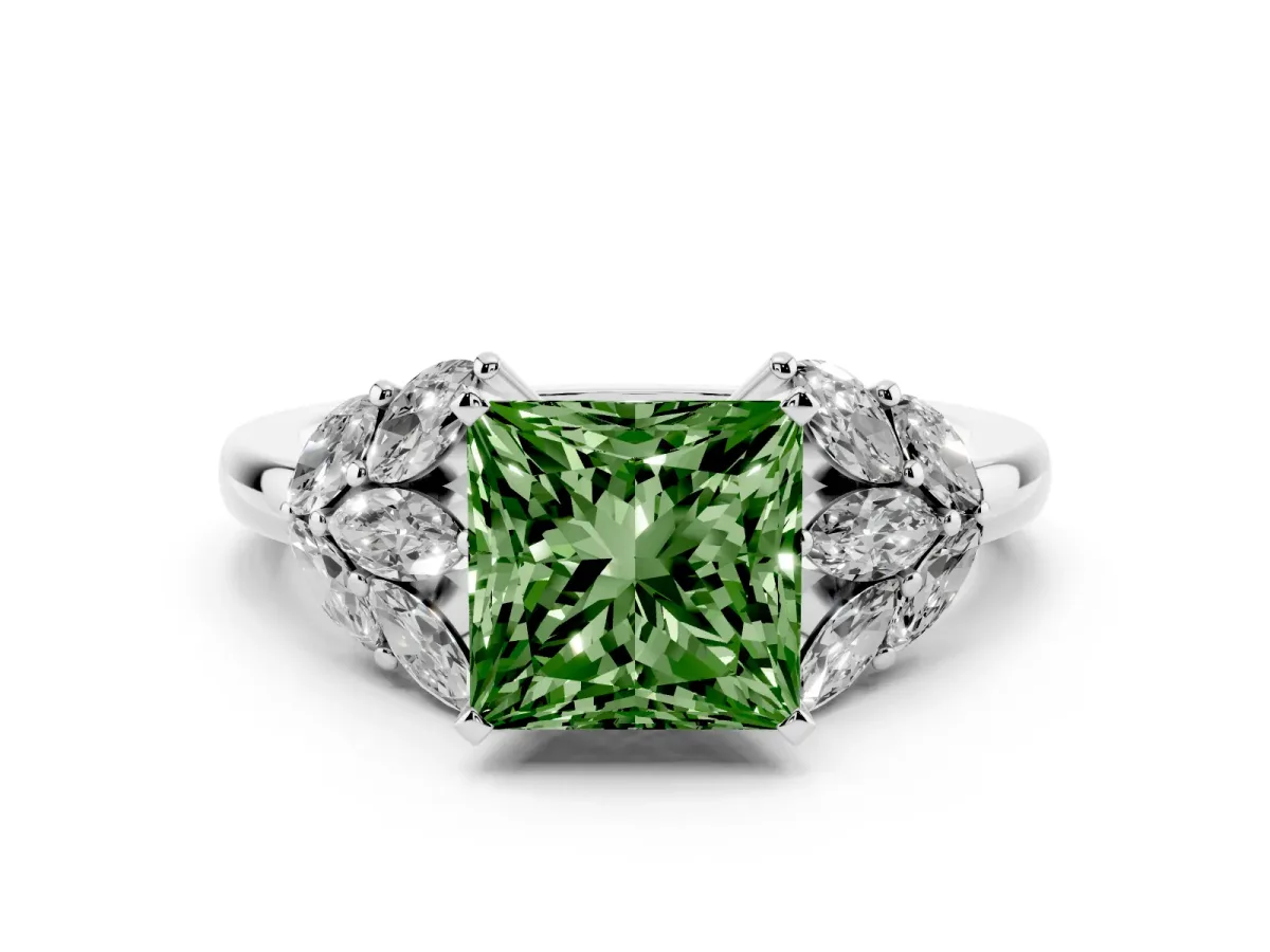 Fancy Green Princess Cut Diamond Cluster Leaf Design Ring with Prong Setting White gold
