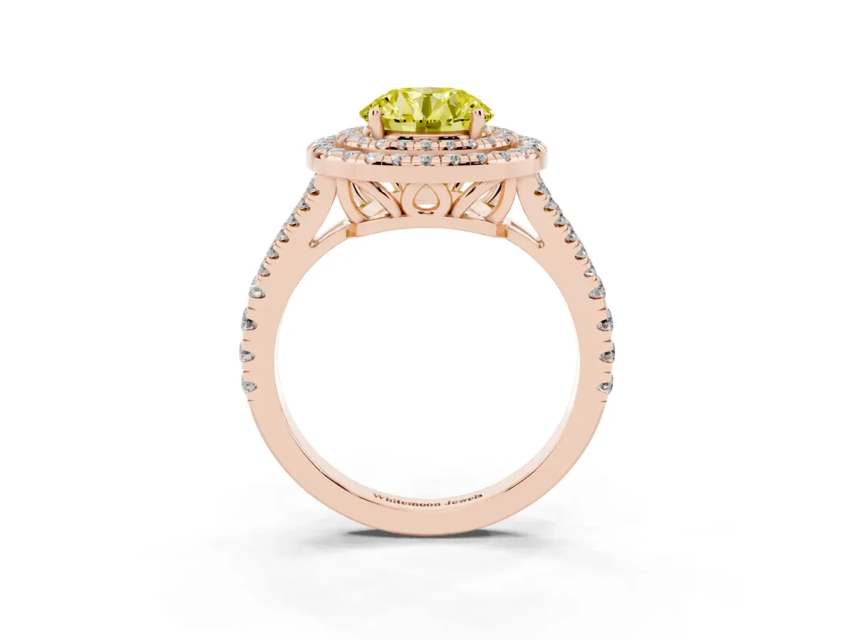 Fancy Yellow Round Cut Diamond Double Halo Ring with Pavé Band and Prong Setting Rose gold
