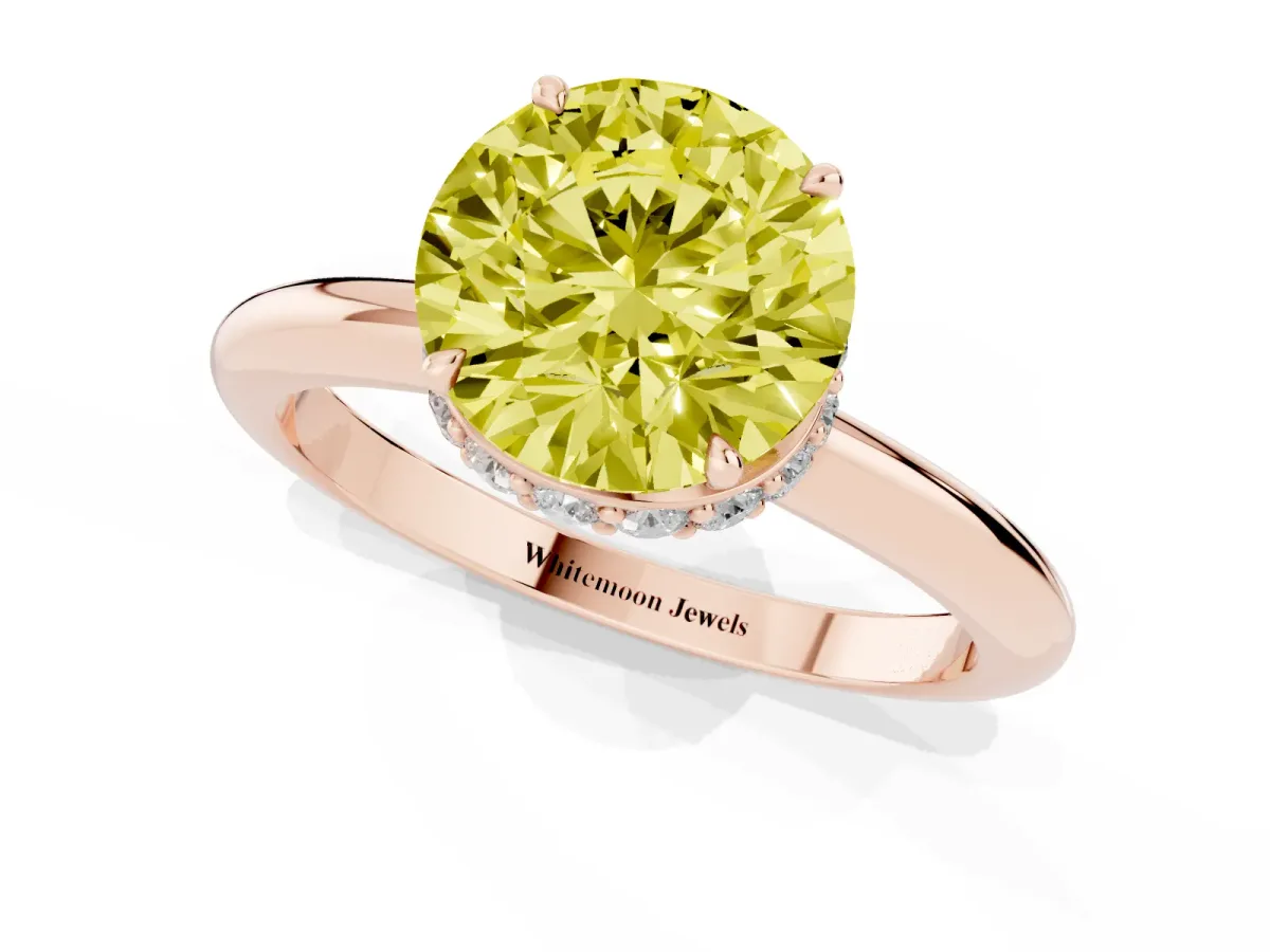 Fancy Yellow Round Cut Brilliant Solitaire Engagement Ring with Six-Prong Setting and Classic Band Rose gold
