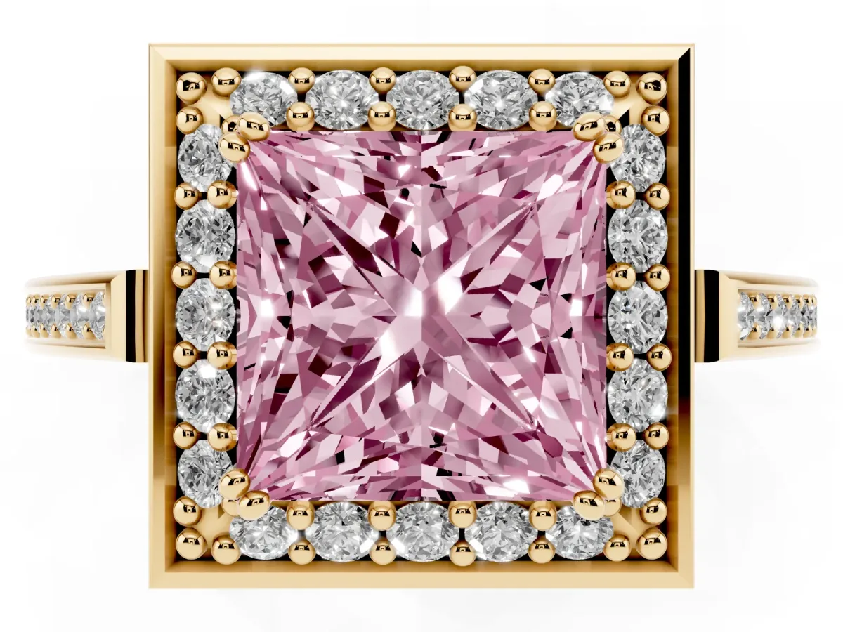 Fancy Pink Princess Cut Diamond Halo Ring with Split Shank and Four-Prong Setting Yellow gold