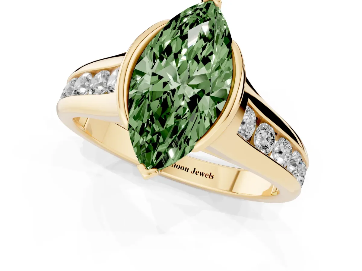 Fancy Green Marquise Cut Solitaire Bezel-Set Diamond Ring with Channel-Set Band Yellow gold