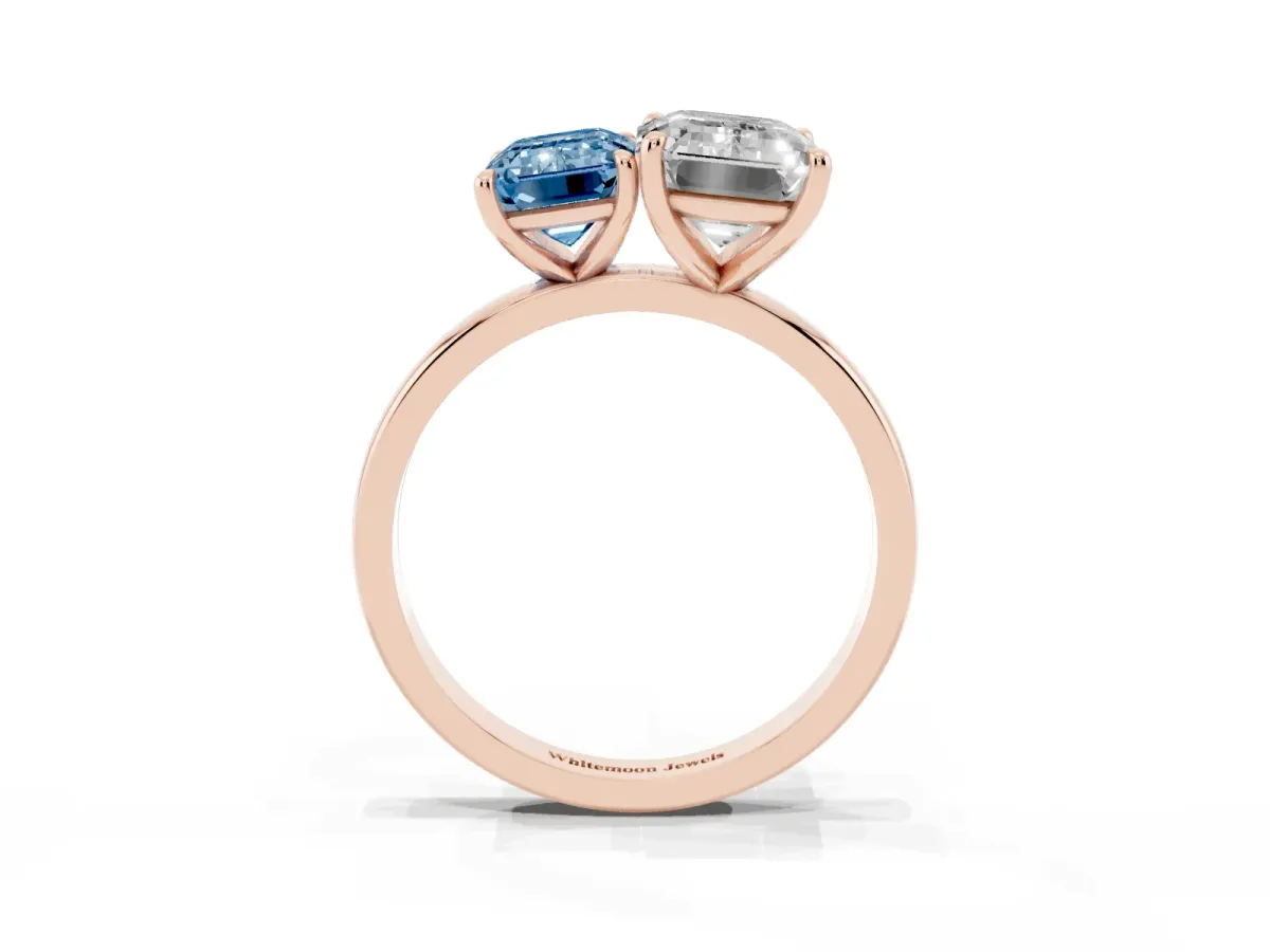 Fancy Blue Emerald Cut and Emerald Cut Toi Moi Ring with Prong Setting Rose gold