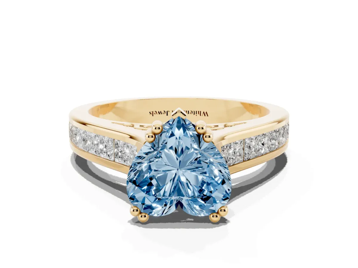 Fancy Blue Heart Cut Cut Channel Set Solitaire Engagement Ring with Prong Setting Yellow gold