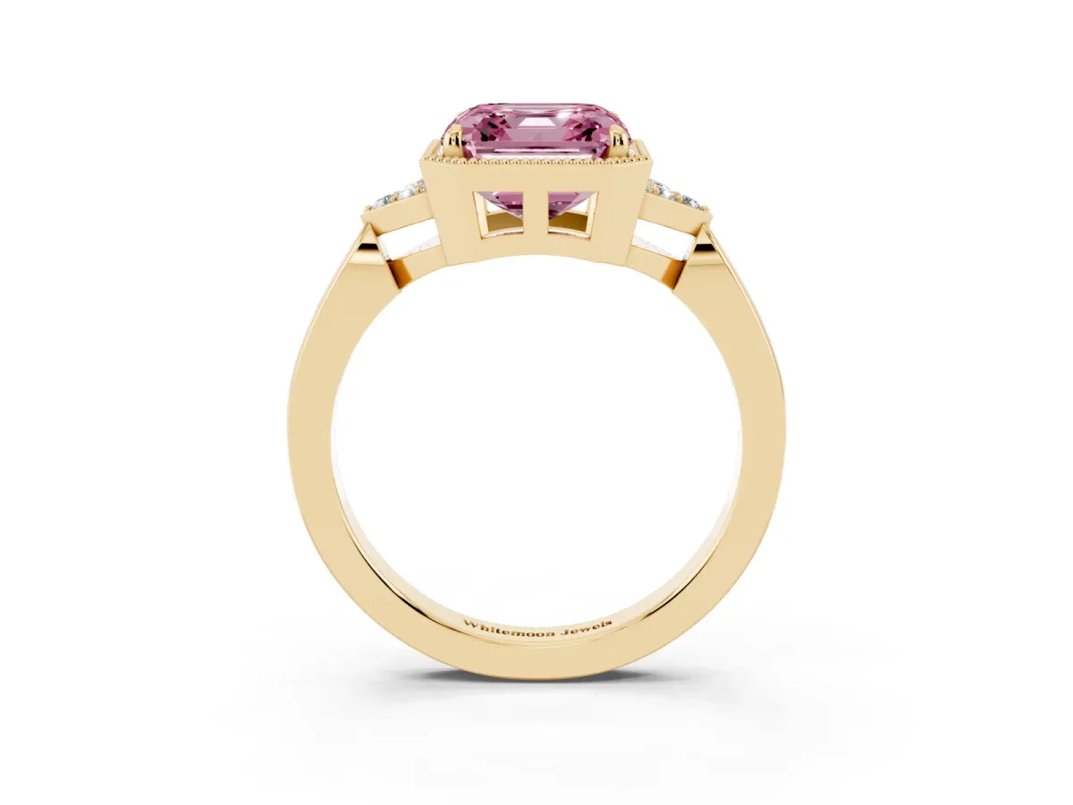 Fancy Pink Asscher Cut Diamond Halo Ring with Tapered Band and Four-Prong Setting Yellow gold