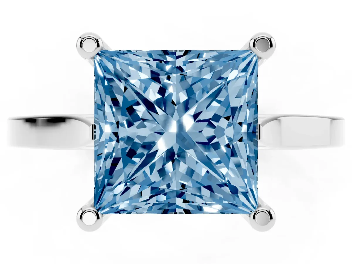 Fancy Blue Princess Cut Solitaire Diamond Ring with Four-Prong Setting and Tapered Band White gold