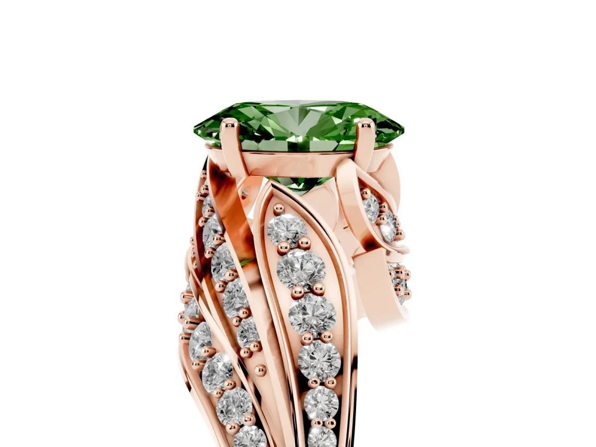 Fancy Green Oval Cut Diamond Solitaire Ring with Prong Setting and Twisted Pavé Band Rose gold