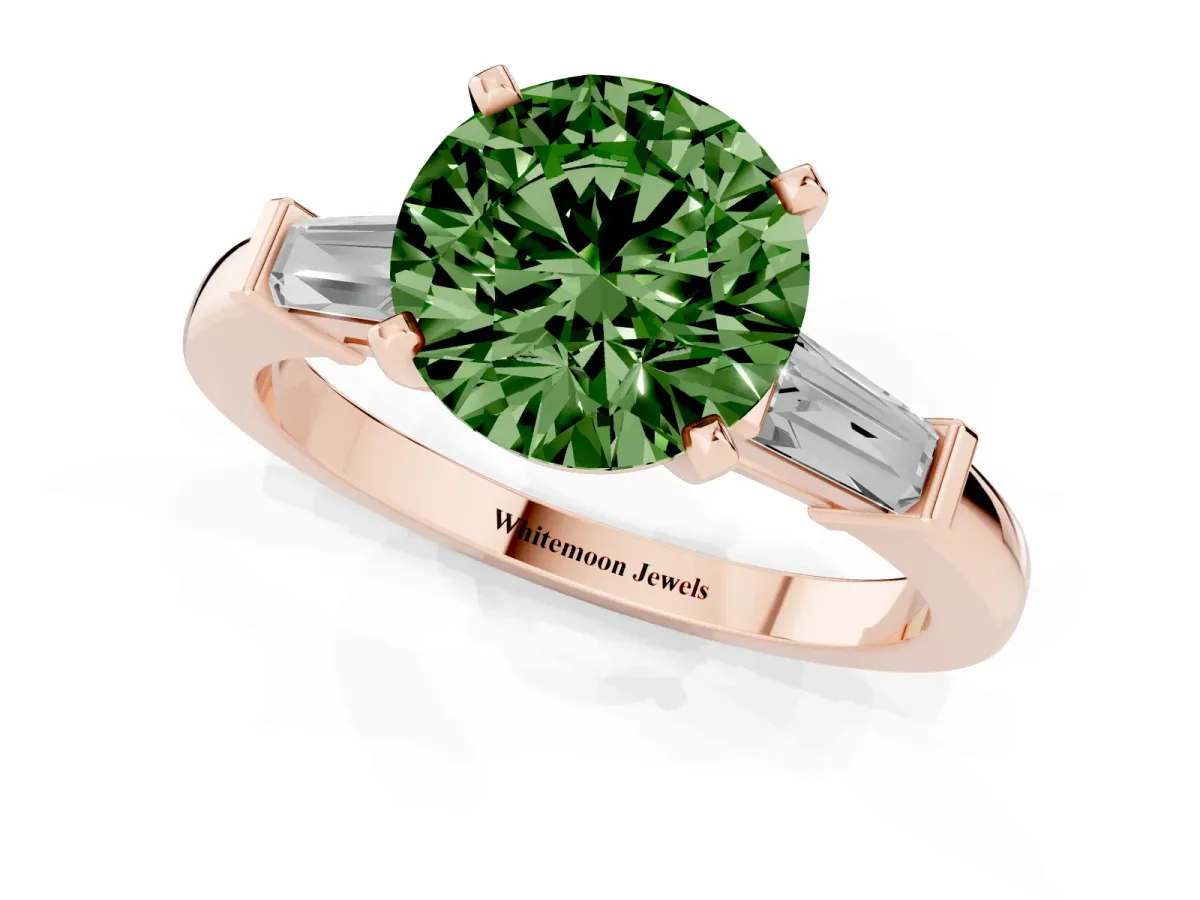 Fancy Green Round Cut Cut Diamond Solitaire Ring with Tapered Baguette Accents and Four-Prong Setting Rose gold
