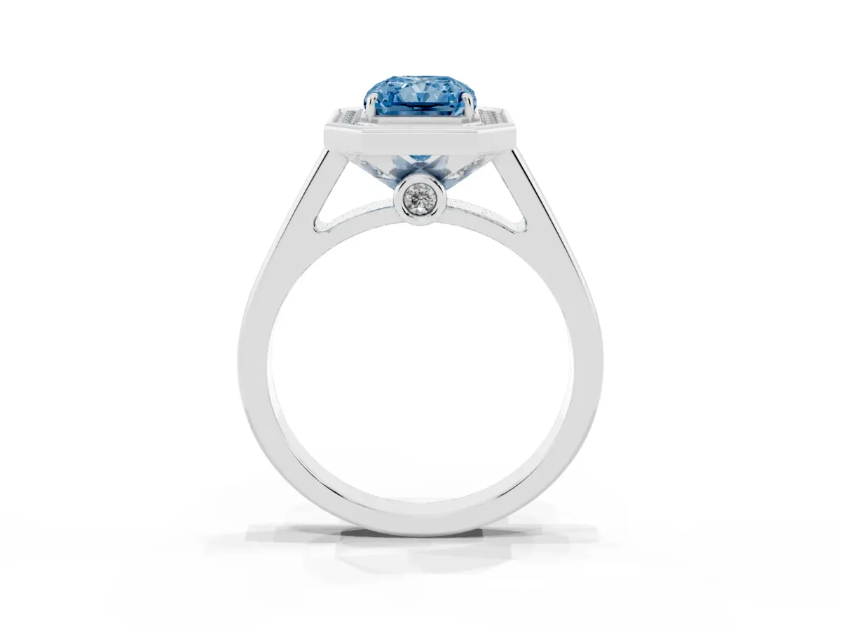 Fancy Blue Radiant Cut Halo Solitaire Diamond Ring with Pave Band and Bezel Setting White gold