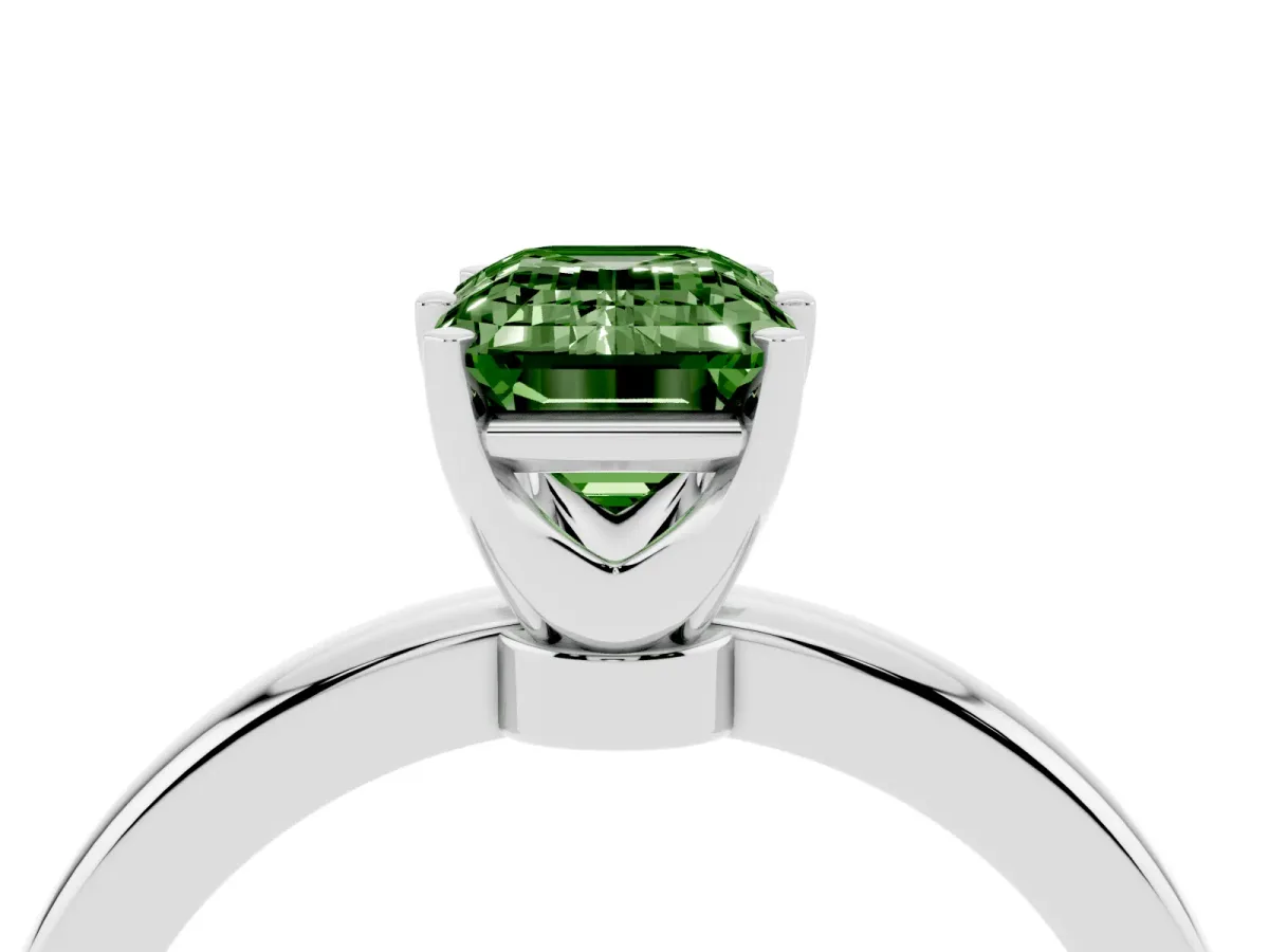 Fancy Green Emerald Cut Solitaire Diamond Ring with Six-Prong Setting on a Classic Band Platinum