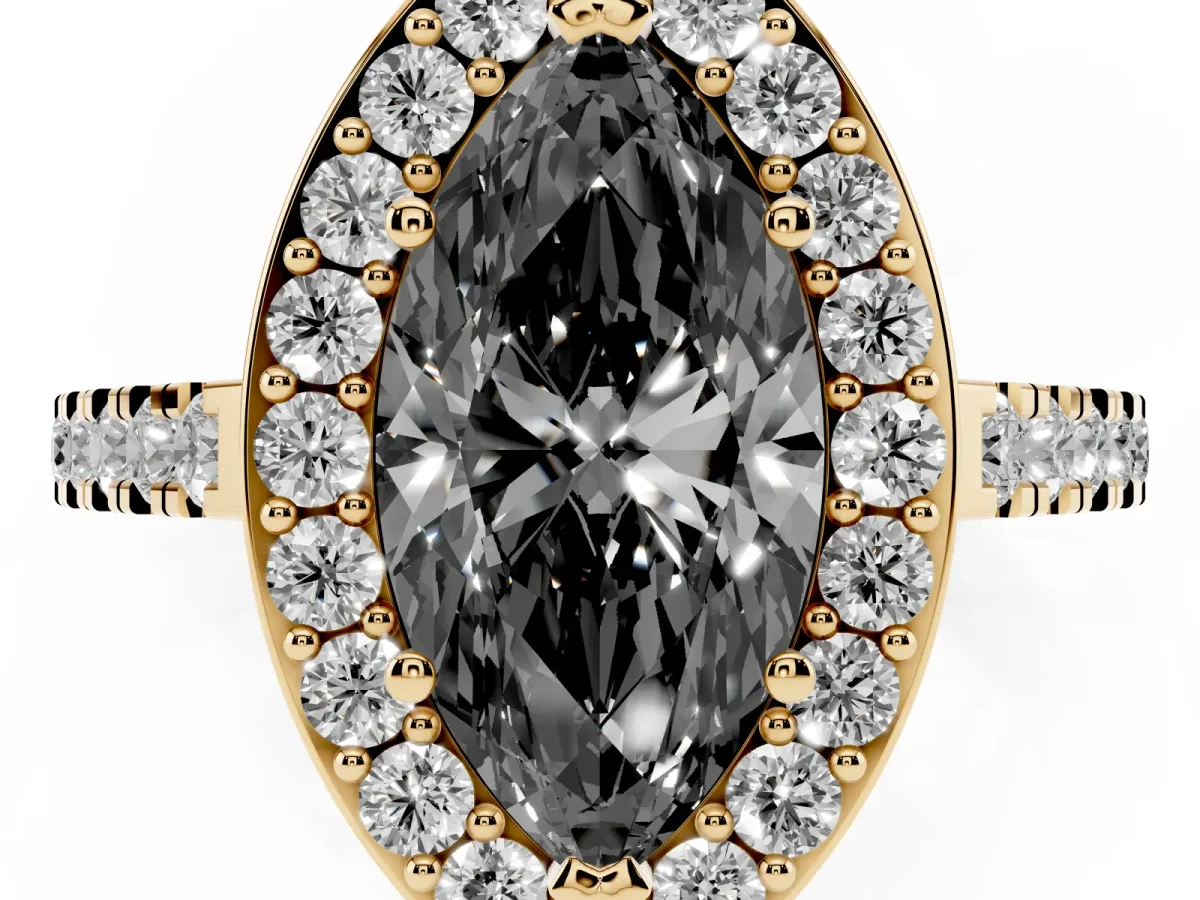 Fancy Black Marquise Cut Diamond Halo Ring with Round Pavé Split Shank and Prong Setting Yellow gold