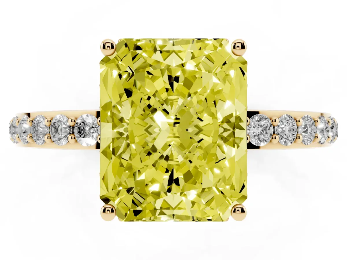 Fancy Yellow Radiant Cut Diamond Solitaire Ring with Pavé Band and Hidden Halo Yellow gold