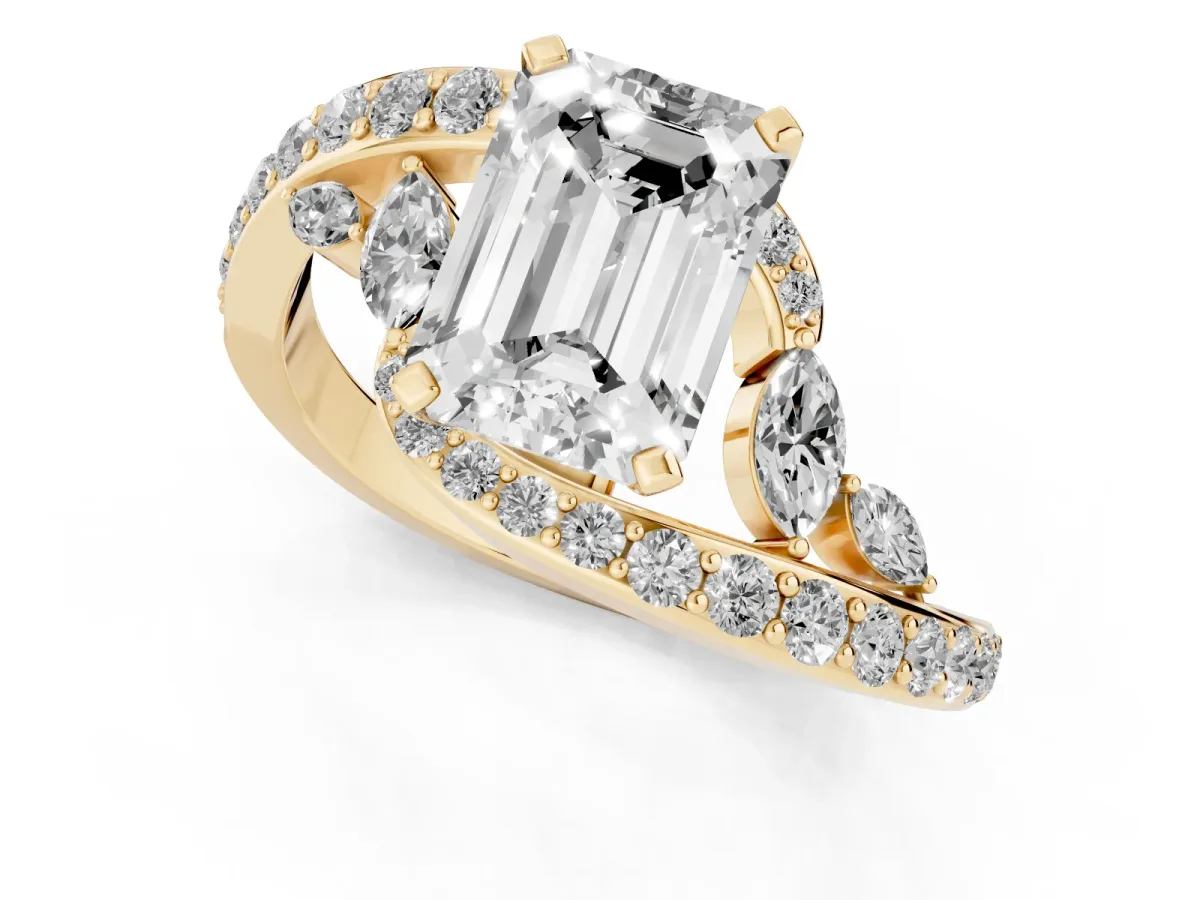 Emerald Cut Solitaire with Pavé Twist Band and Four-Prong Setting Yellow gold