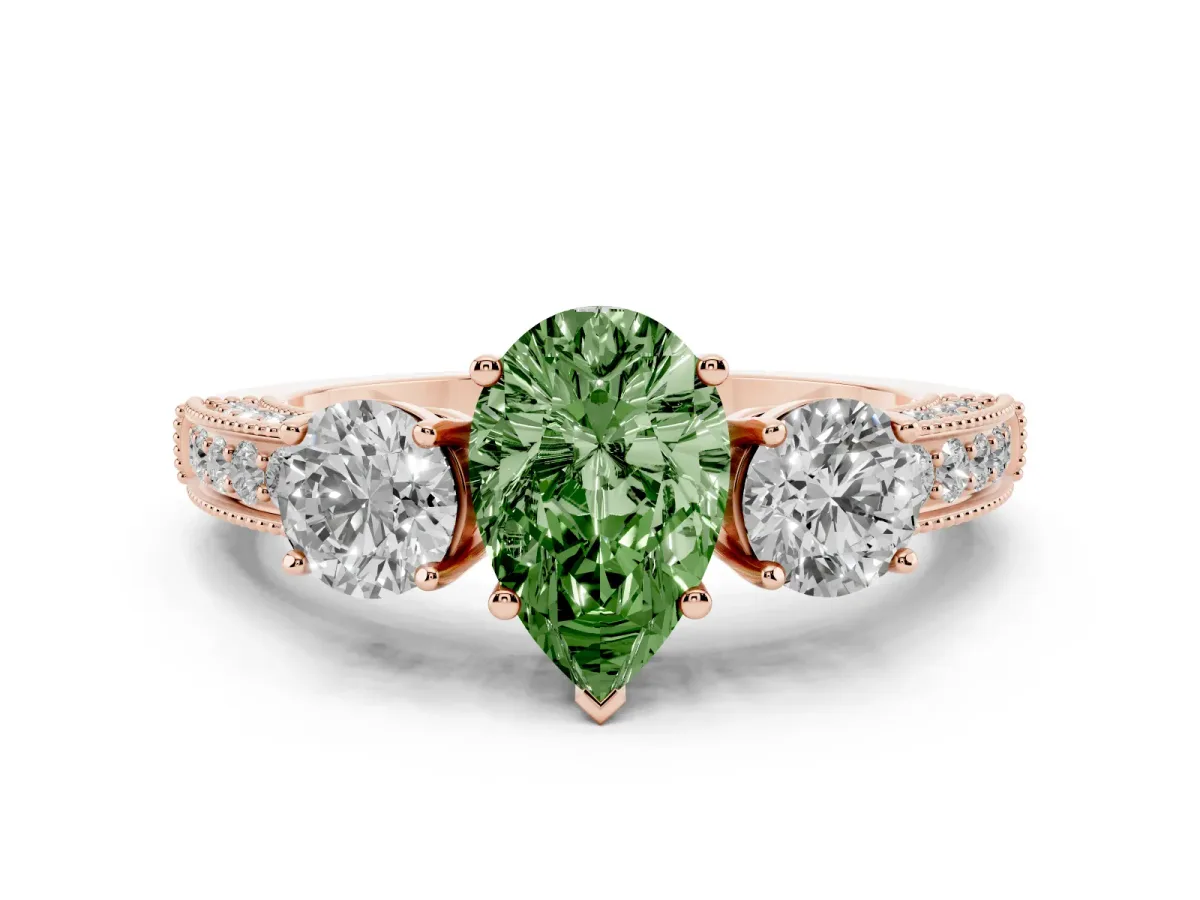 Fancy Green Pear Cut Three-Stone Diamond Ring with Pavé Band and Four-Prong Setting Rose gold