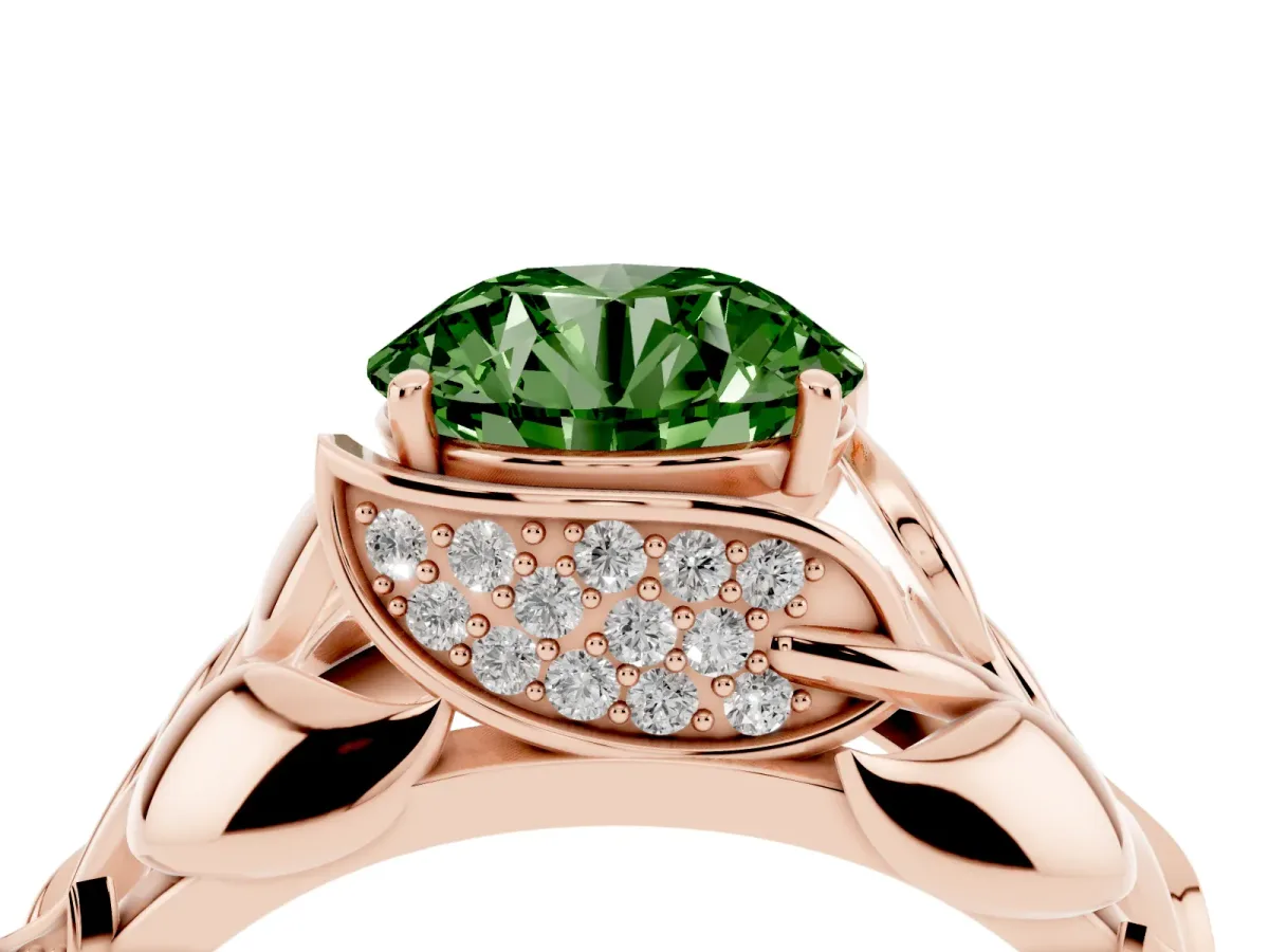 Fancy Green Round Cut Diamond Leaf-Inspired Engagement Ring with Round Accents and Prong Setting Rose gold