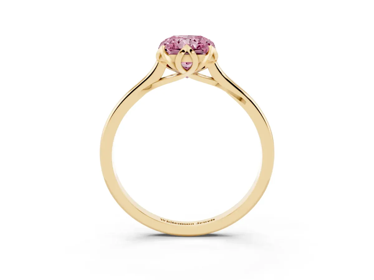 Fancy Pink Radiant Cut Diamond Solitaire Ring with Flower Prong Setting and Classic Band Yellow gold
