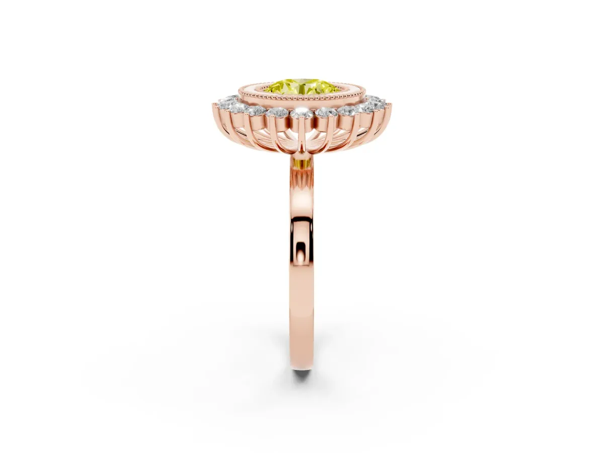 Fancy Yellow Round Cut Halo Diamond Ring with Milgrain Edge and Round Prong Setting Rose gold