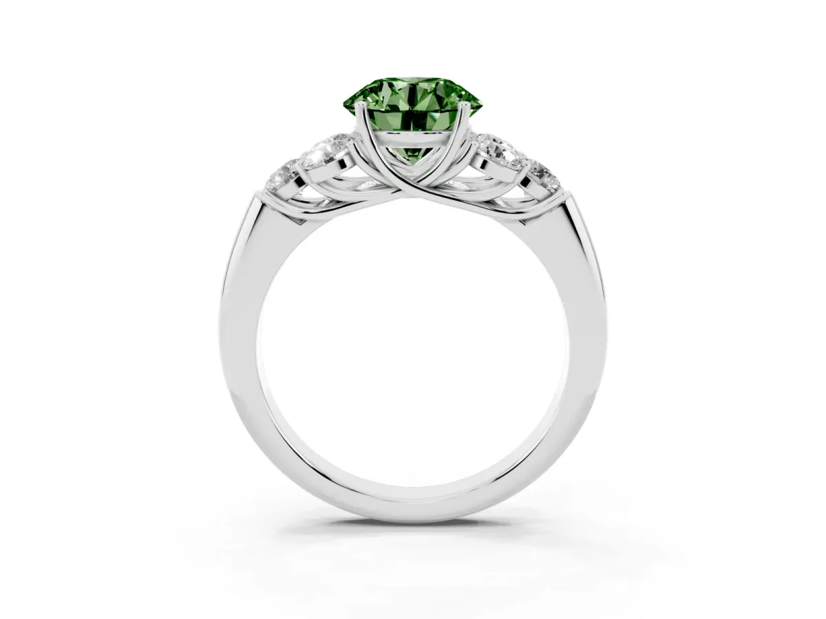 Fancy Green Round Cut Cut Diamond Cluster Ring with Round Accent Stones and Prong Setting on a Classic Band Silver