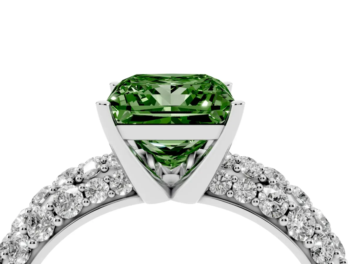 Fancy Green Princess Cut Diamond Pavé Band Solitaire Ring with Four-Prong Setting Silver
