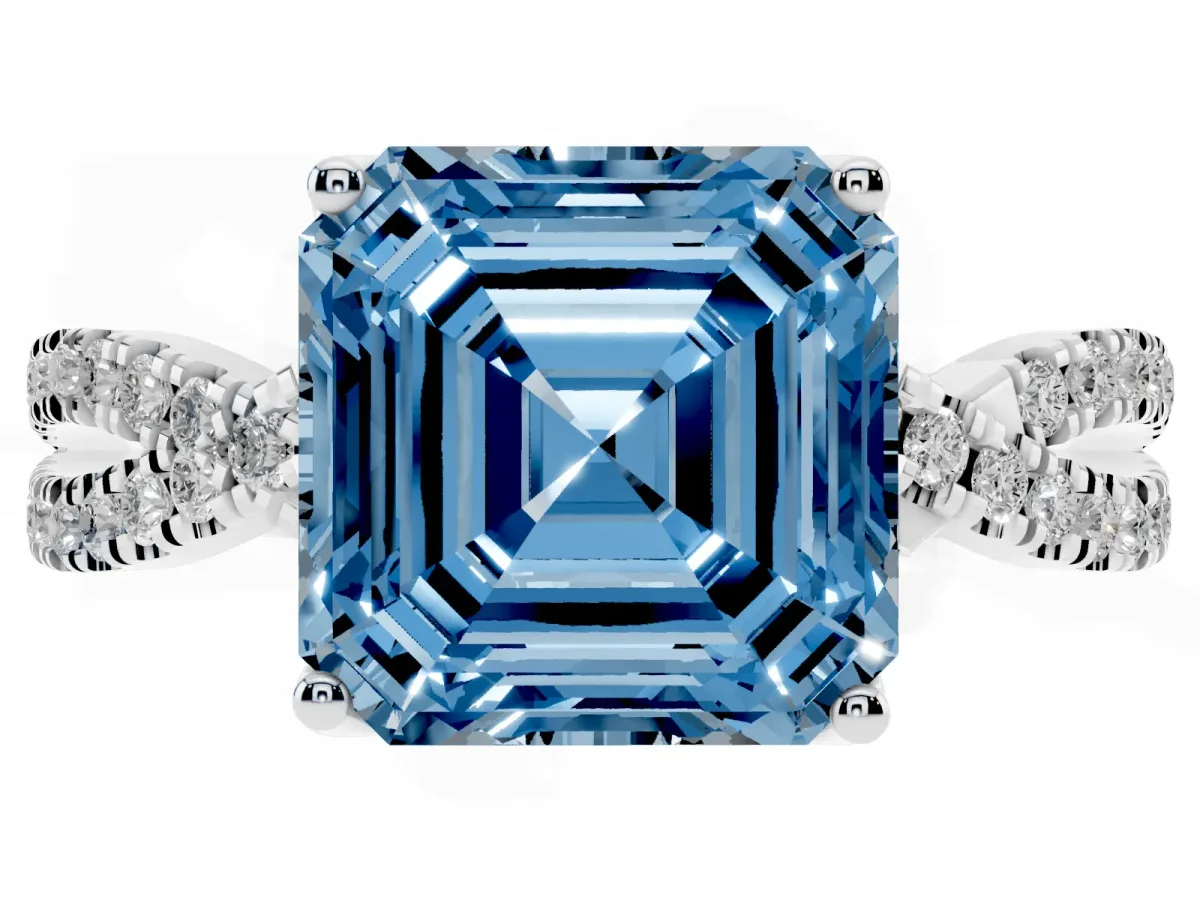 Fancy Blue Asscher Cut Solitaire Twist Pave Diamond Engagement Ring with Prong Setting Platinum