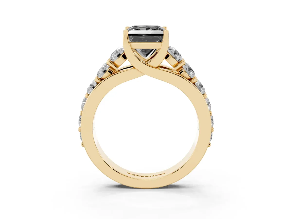 Fancy Black Princess Cut Diamond Engagement Ring with Pavé Band and Four-Prong Setting Yellow gold