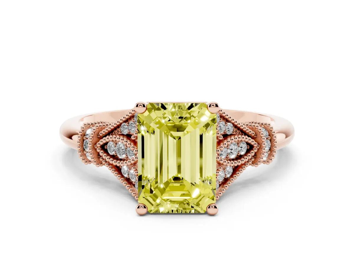 Fancy Yellow Emerald Cut Diamond Solitaire Ring with Floral Filigree and Pave Accents Rose gold