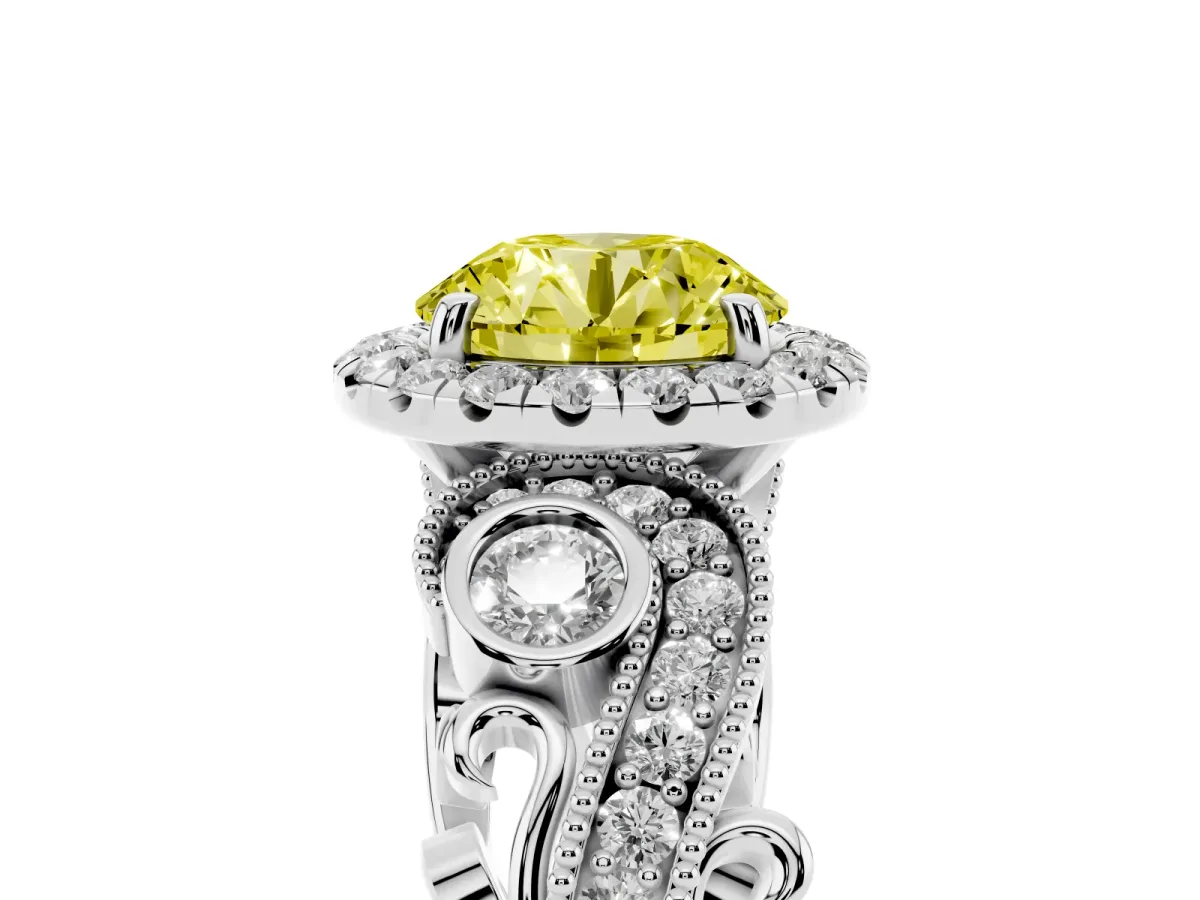 Fancy Yellow Round Cut Diamond Halo Ring with Milgrain Pavé Band and Four-Prong Setting Silver