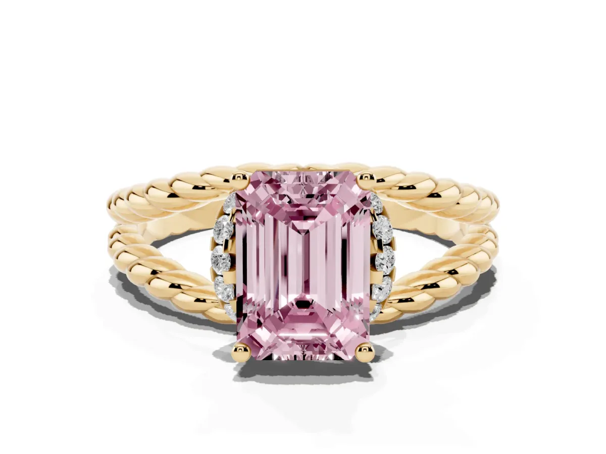 Fancy Pink Emerald Cut Halo Twisted Band Four-Prong Ring Yellow gold