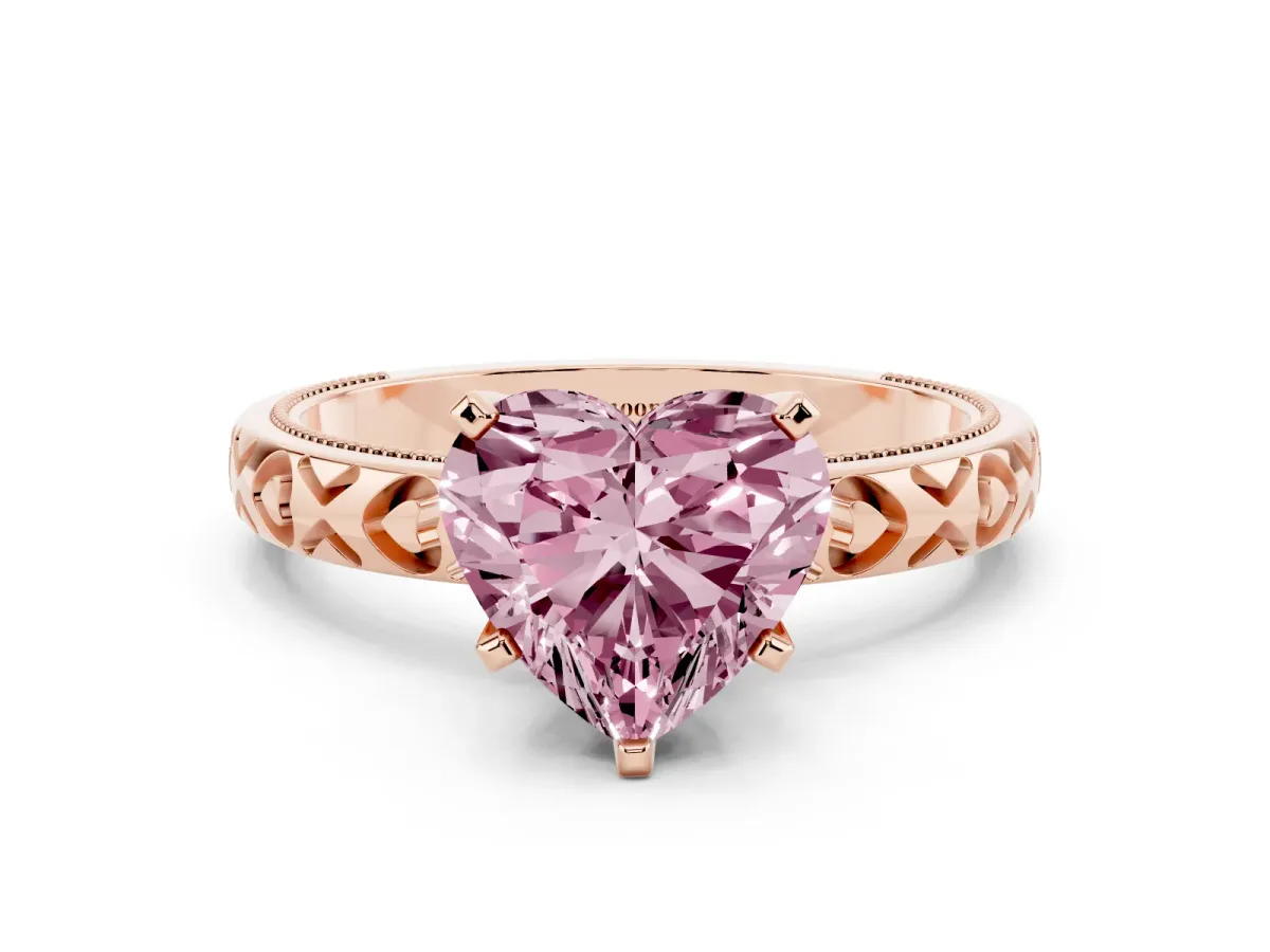 Fancy Pink Heart Cut Solitaire Diamond Engagement Ring with XO Engraved Band and Four-Prong Setting Rose gold