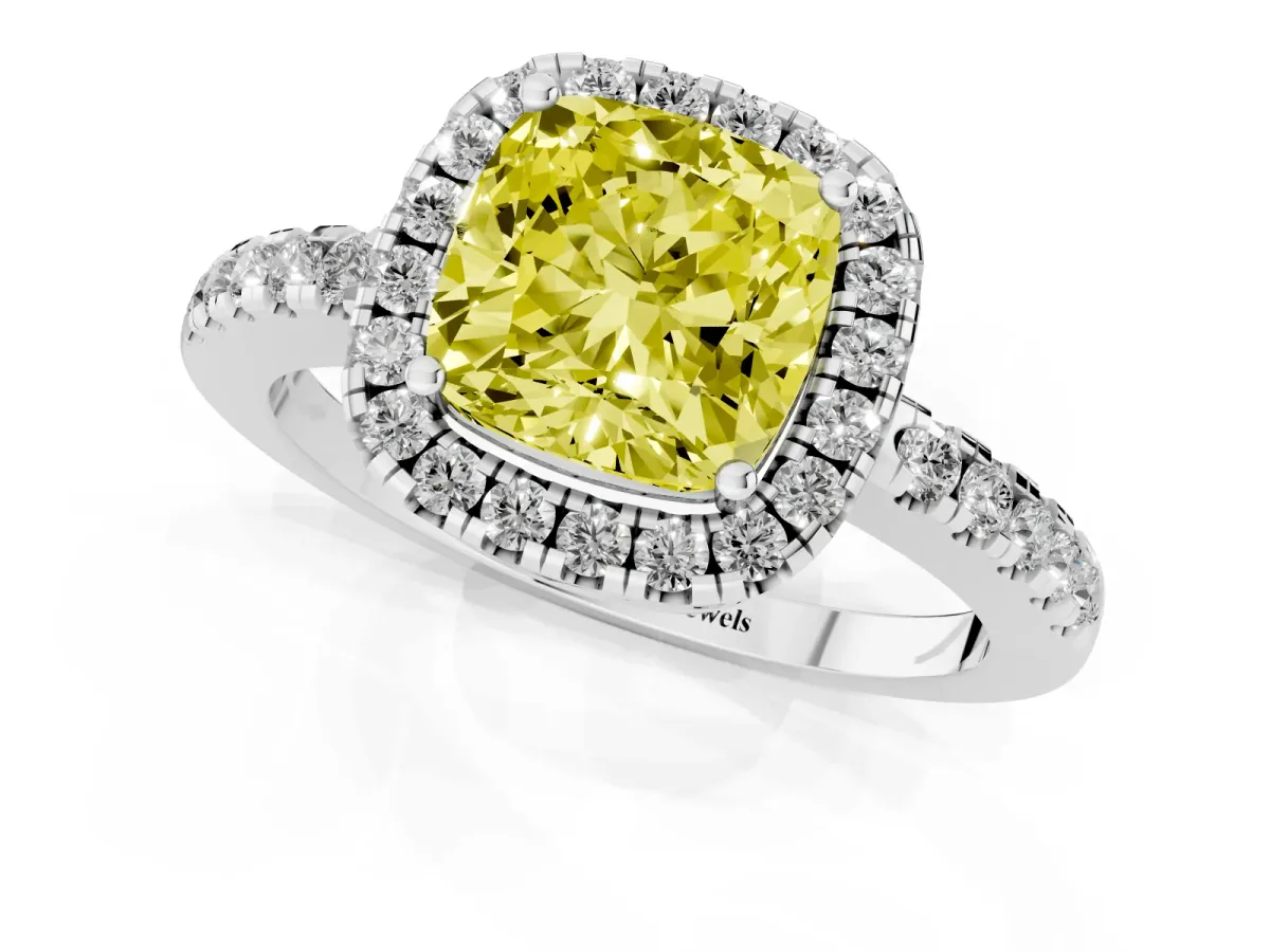 Fancy Yellow Cushion Cut Halo Diamond Engagement Ring with Pavé Band and Four-Prong Setting Platinum